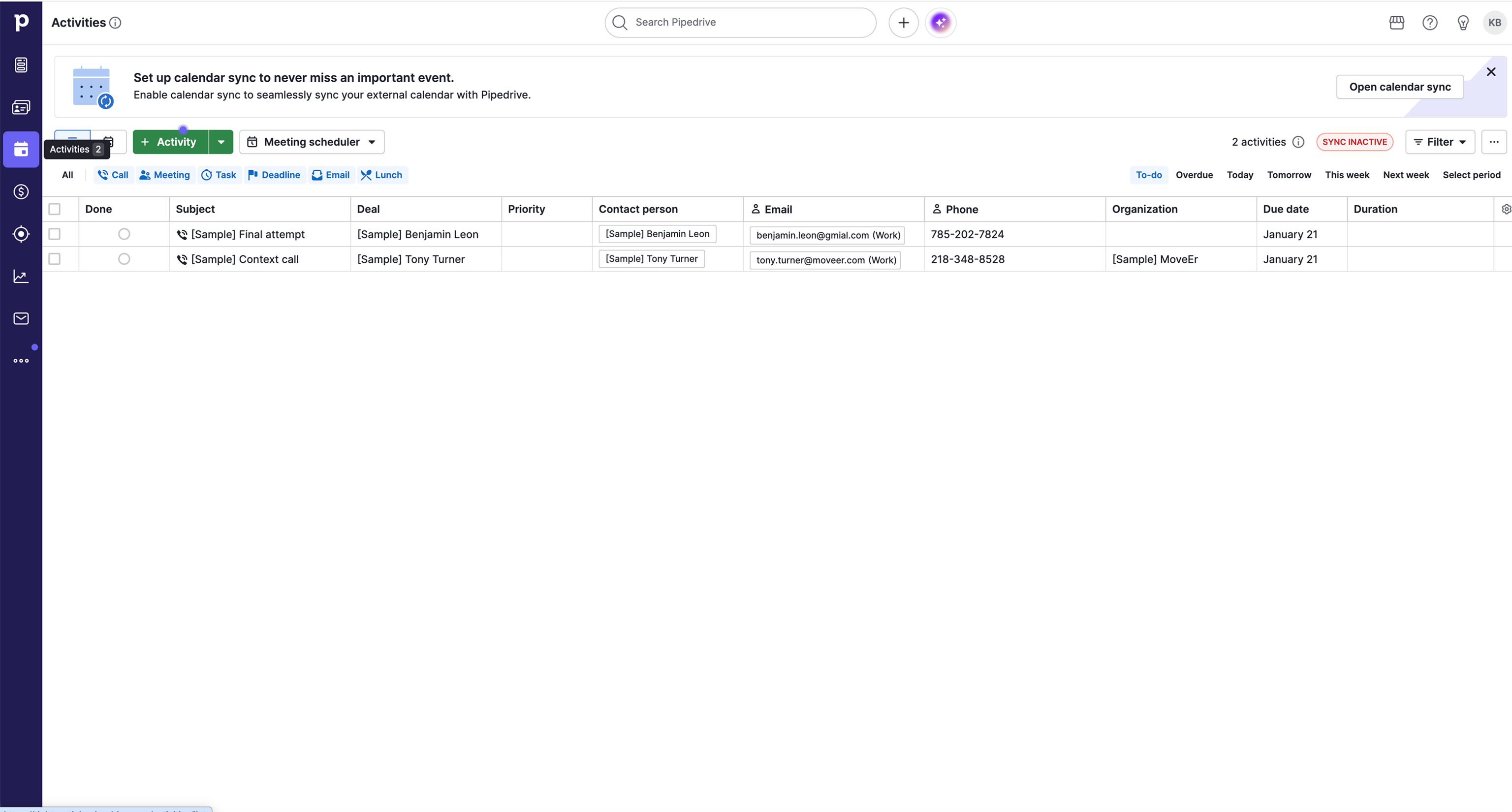 Competitor CRM - activities and scheduling