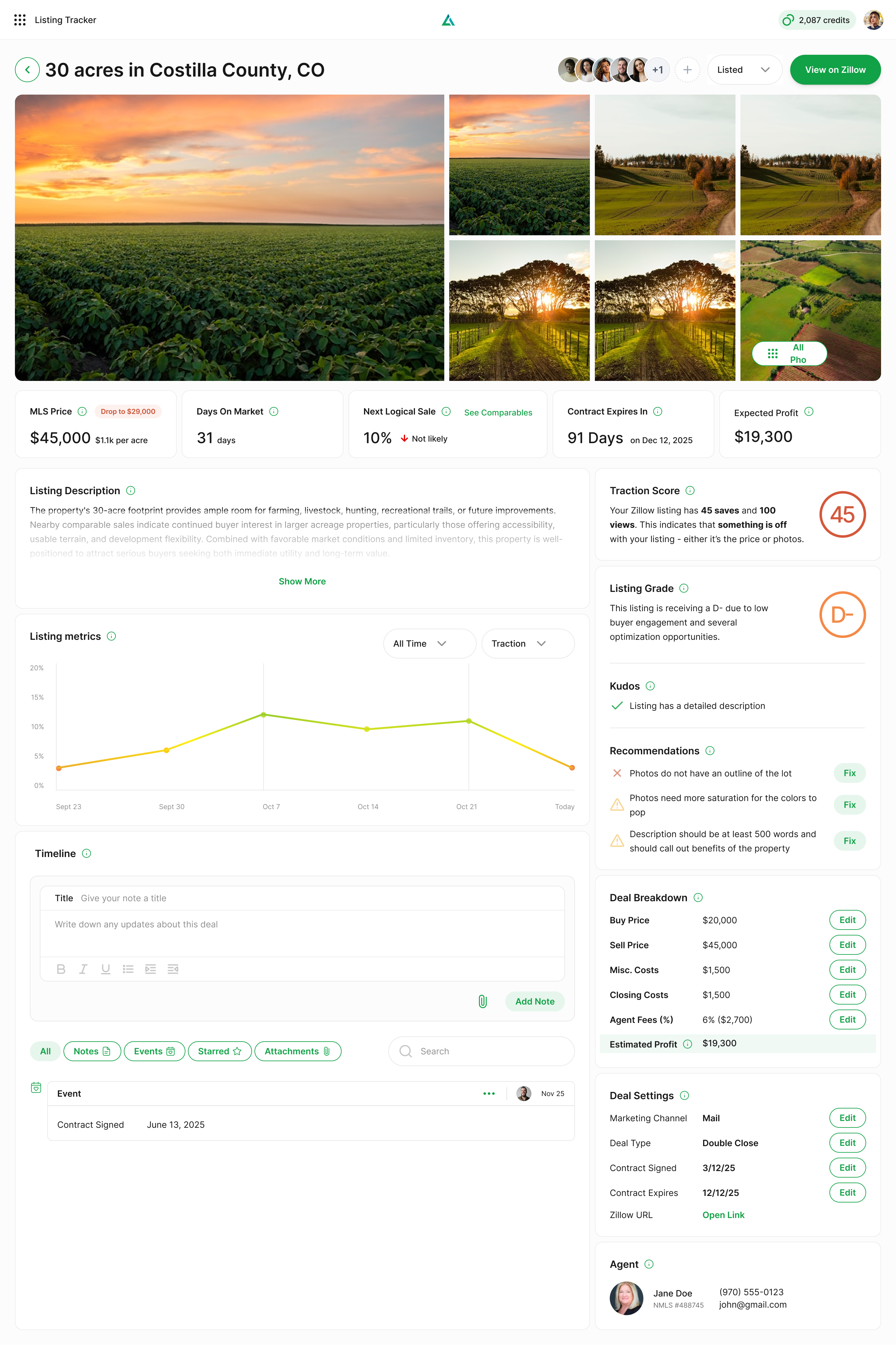 Listing detail page with photos, MLS metrics, traction score, listing grade, recommendations, and timeline